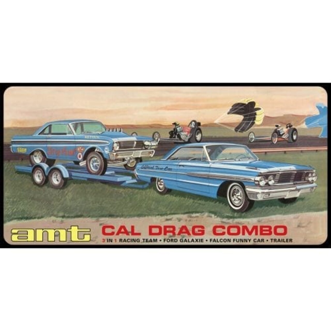 Round2 1/25 Cal Drag Combo: 1964 Ford Galaxie, Falcon Funny Car & Trailer (3 Kits) Plastic Model